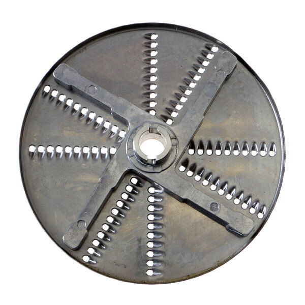 A circular metal Mannhart Shredder blade with holes in it.