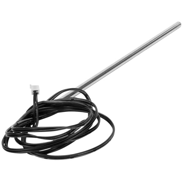 A black cord and a white wire connected to a Multiplex thermistor with a white background.