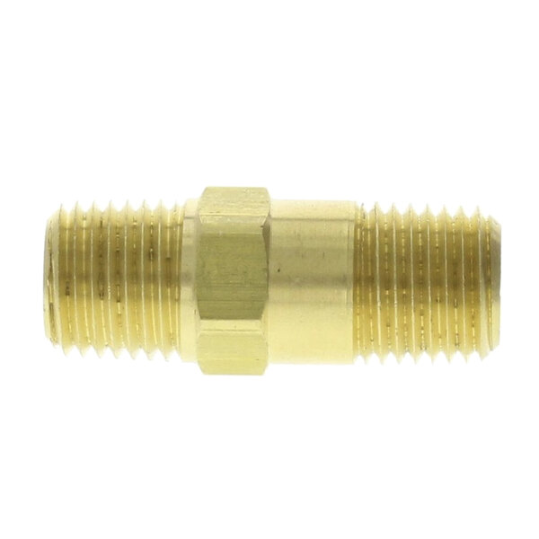 A close-up of a brass threaded male fitting on a Cleveland check valve.