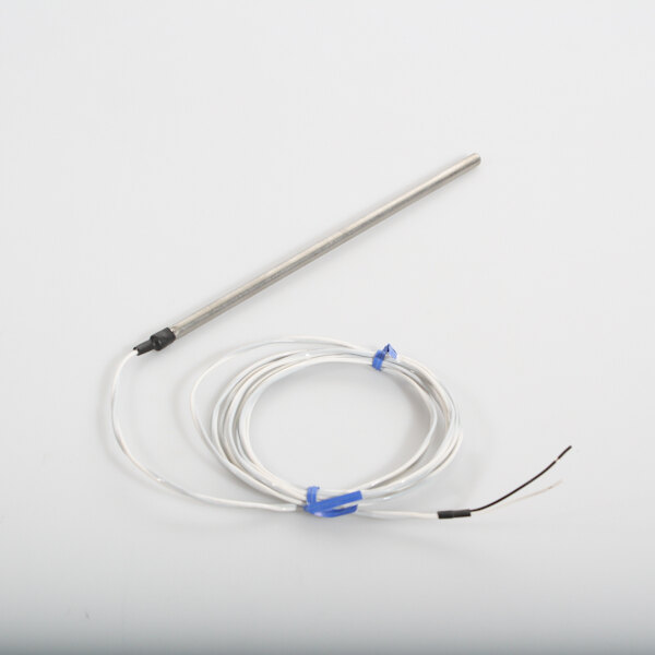 A white wire with a metal probe at the end wrapped around a metal rod.
