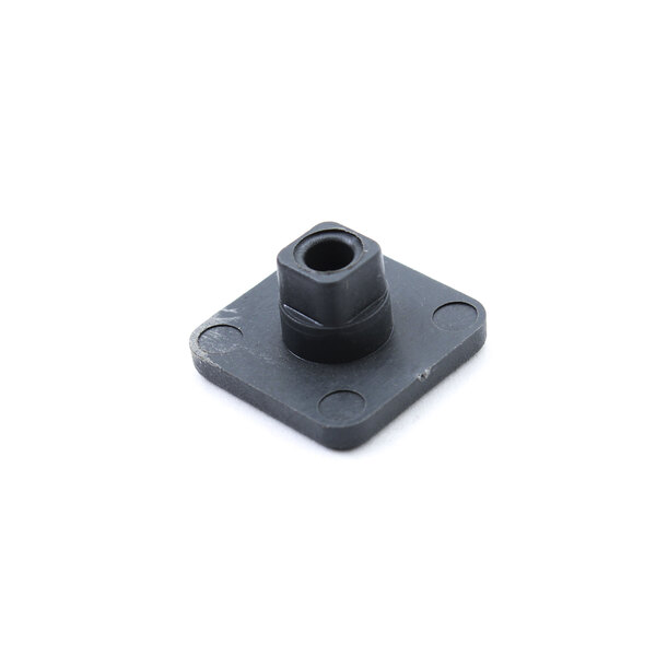 A black plastic square cap with a hole in the middle.