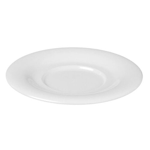 A white saucer with a round rim.