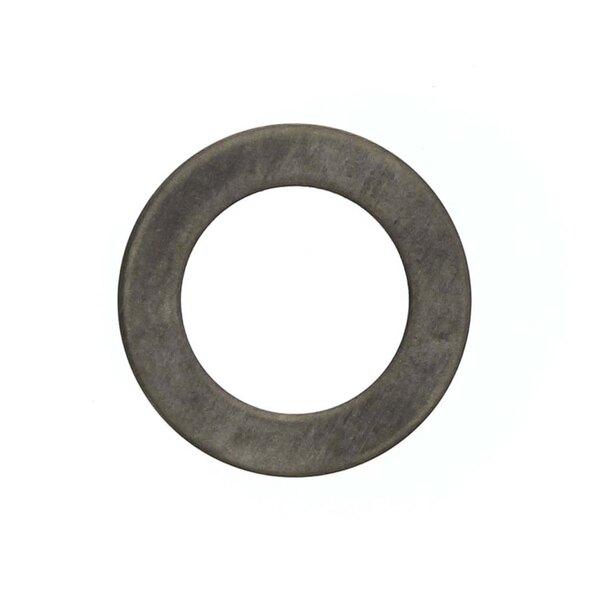 A round metal washer with a black ring on a white background.