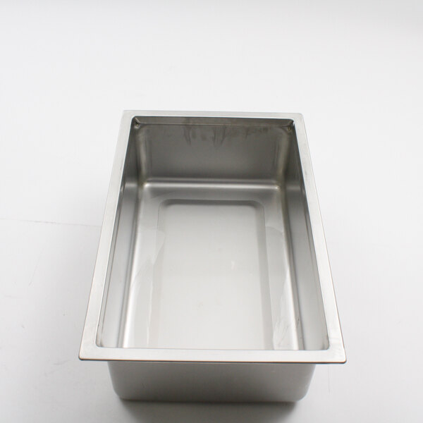 A silver rectangular stainless steel tray with a clear lid.