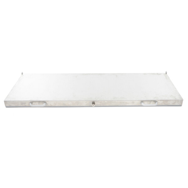 A stainless steel rectangular lid with handles.