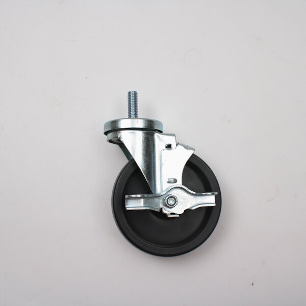 A Master-Bilt caster with a metal wheel and black accents with a screw.