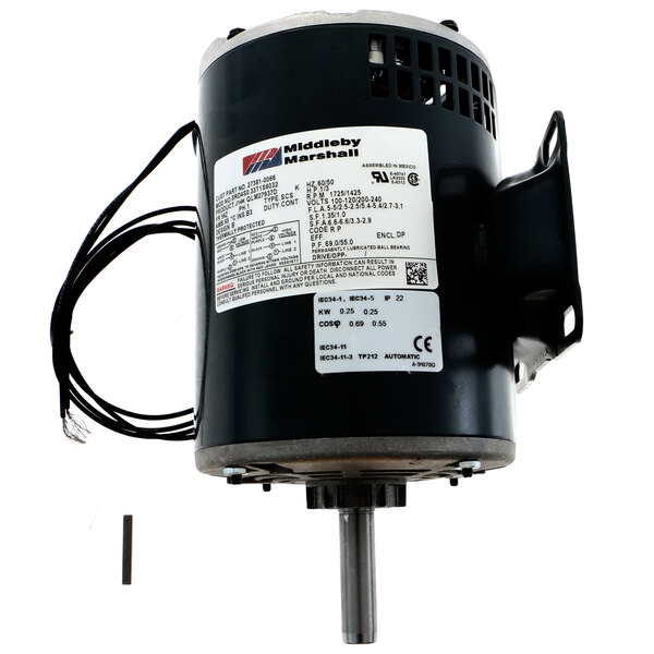 A Middleby Marshall 27381-0066 fan motor with black and silver housing and wires.