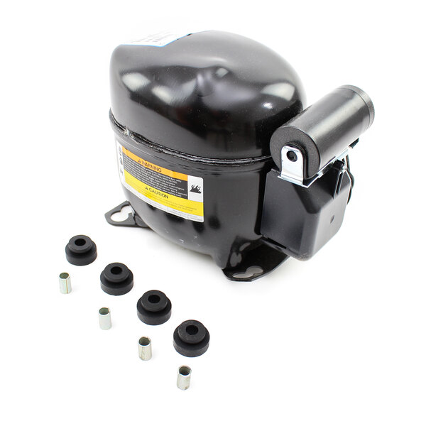 A black SaniServ air compressor with metal parts and a yellow label.