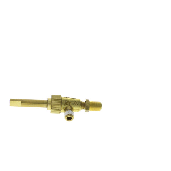 A close-up of a brass Montague burner valve with a gold colored handle.