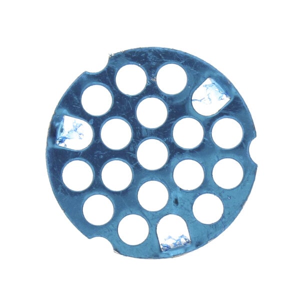 A blue circular drain screen with holes in it.