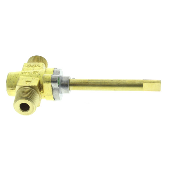 A brass Vulcan gas valve with a gold handle and screw.