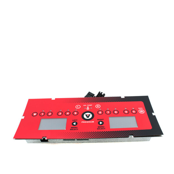 A red and black rectangular electronic control panel with buttons and a screen.