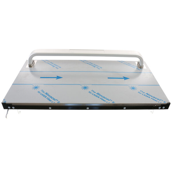 A white metal tray with a rectangular shape and a blue handle.