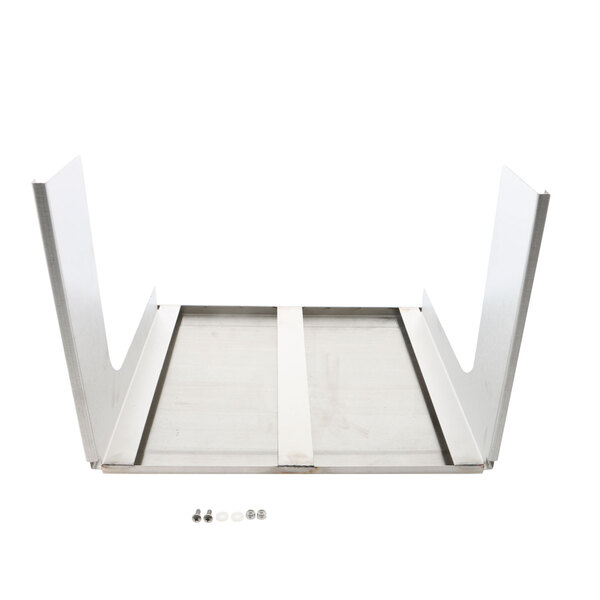 A white metal Glastender door assembly shelf with screws.