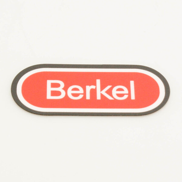 A red and white rectangular sign with the word Berkel in white text.