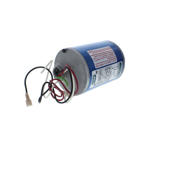 A blue round electric motor with wires.