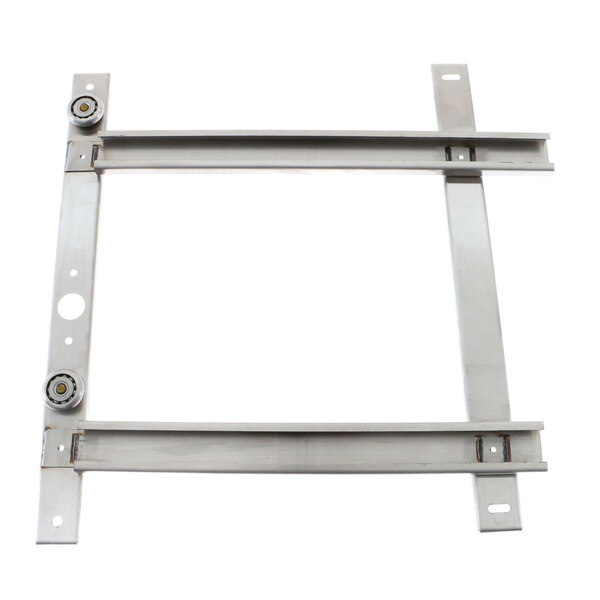A metal frame assembly with metal brackets and rollers.