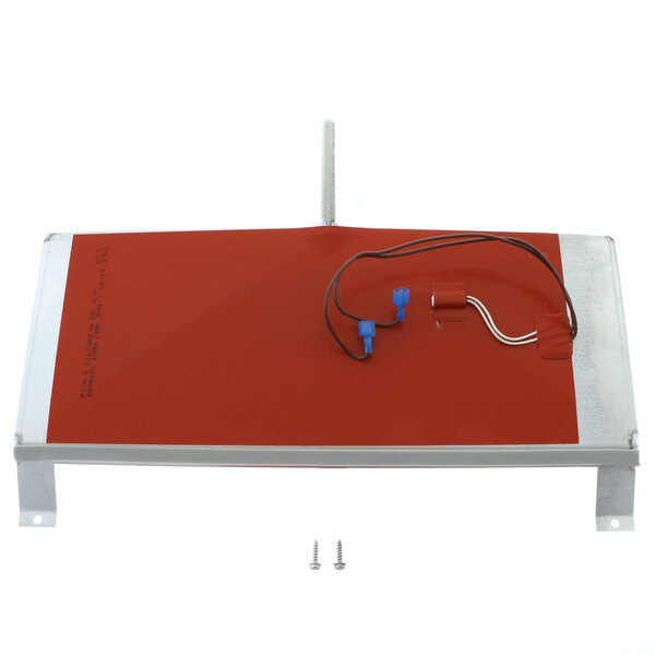 A red rectangular Randell evaporation pan with attached wires.