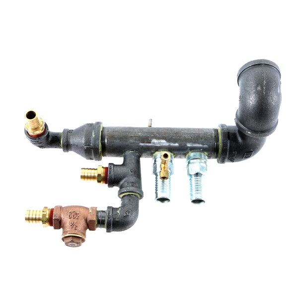 A black Cleveland water manifold with many colored parts.