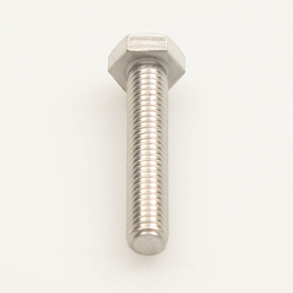 A close-up of a Perlick machine screw with a hex head.