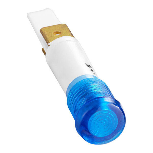 A blue and white Moffat Indicator light with a gold cap.