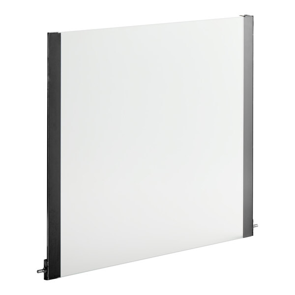 A white metal frame with black metal corners holding a white screen.