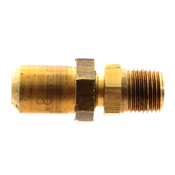 A brass threaded pipe fitting.