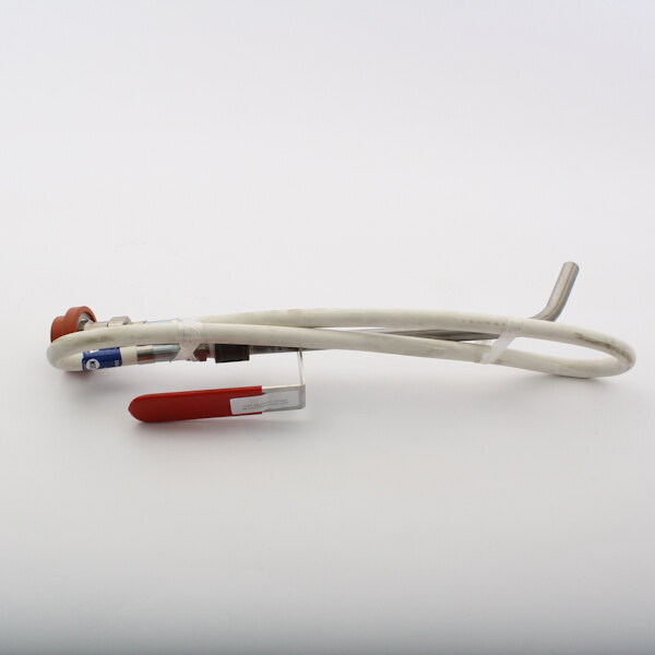 A white and red plastic hose assembly with a red handle.