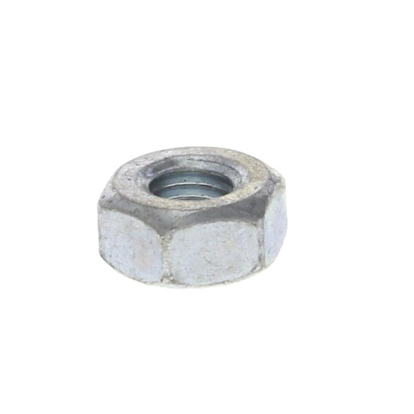 A close-up of a plated metal Lang hex nut.