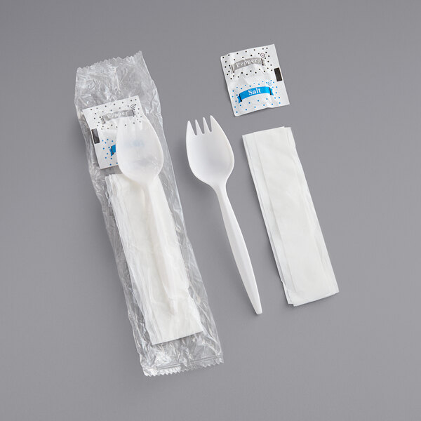 Choice Medium Weight White Wrapped Plastic Spork, Napkin, and Salt