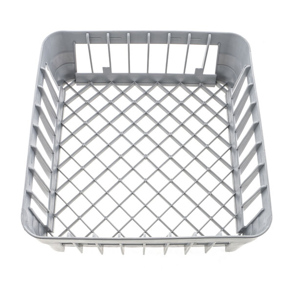 A grey plastic Jet Tech open basket with wire mesh.