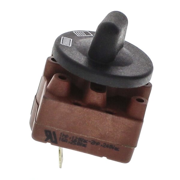 A brown switch with a black knob on top.