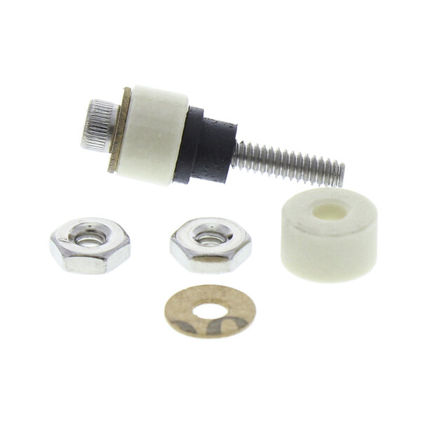 A white and black screw and nut set on a circular object.