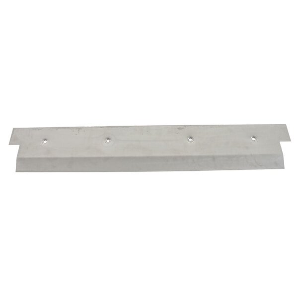 A white metal Master-Bilt threshold plate with holes.