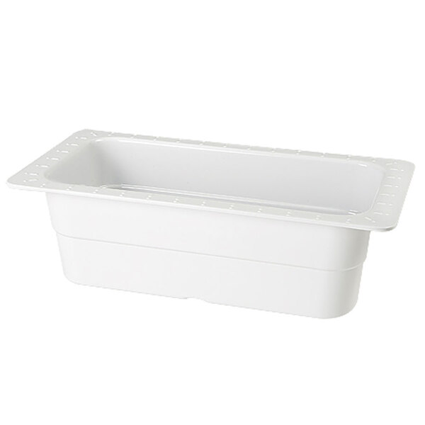 A white melamine food pan with a lid.
