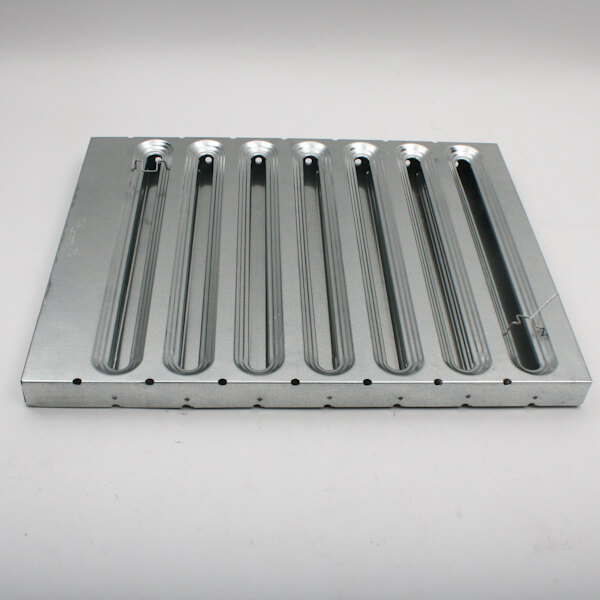 A Kason baffle filter galvanized metal plate with six holes.
