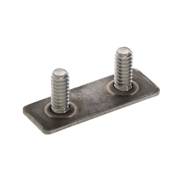 A close-up of a metal plate with two screws.