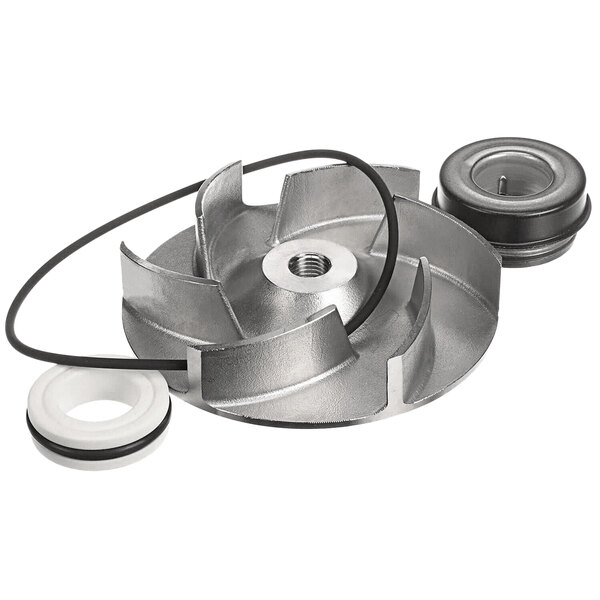 A metal water pump impeller with a rubber seal.