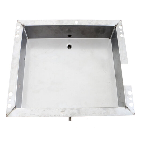 A stainless steel metal box with a flange and holes in the bottom.