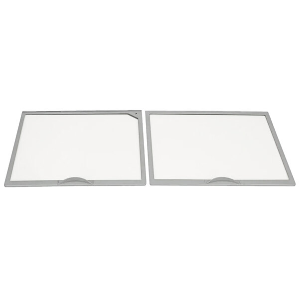A pair of white rectangular frames with square glass lids.