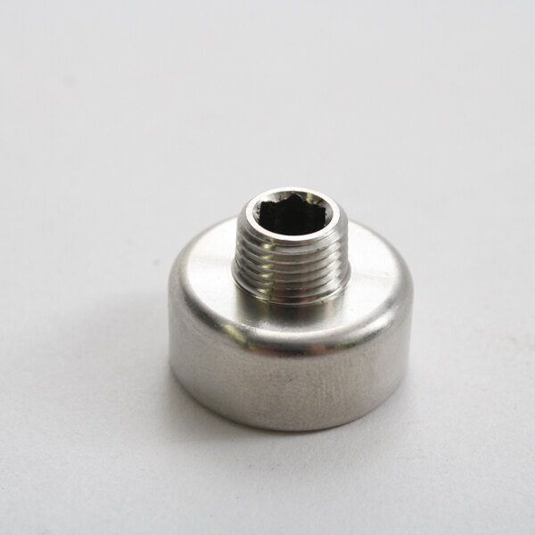 A stainless steel threaded nut for a Wilbur Curtis coffee machine.