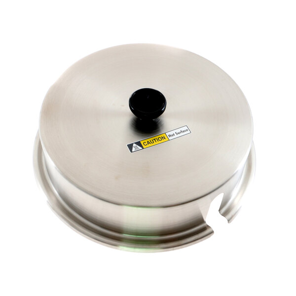 A stainless steel Wilbur Curtis urn lid with a knob on top.