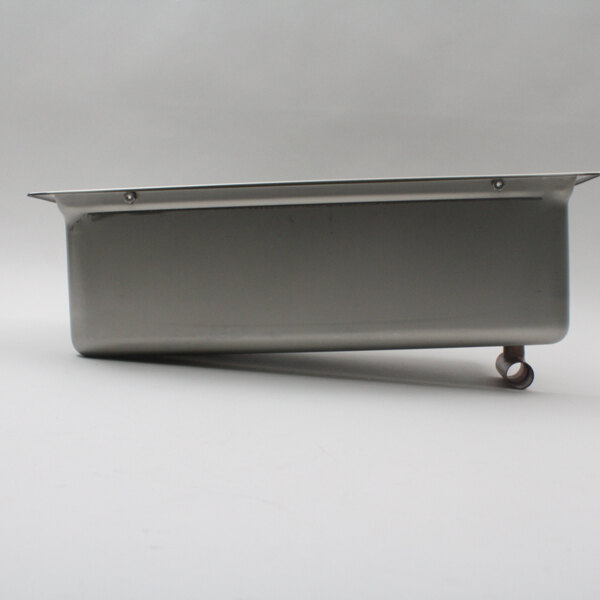 A metal rectangular insert pan with a handle and drain on a countertop.