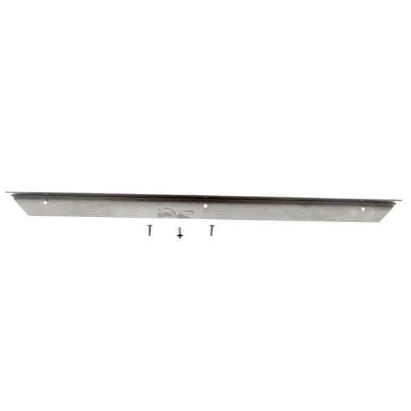 A metal shelf with a metal bar and screws attached to it.