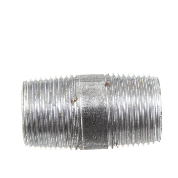 A silver metal back spacer with threads.