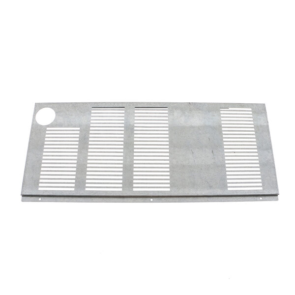 A white rectangular metal grille with horizontal lines and holes.