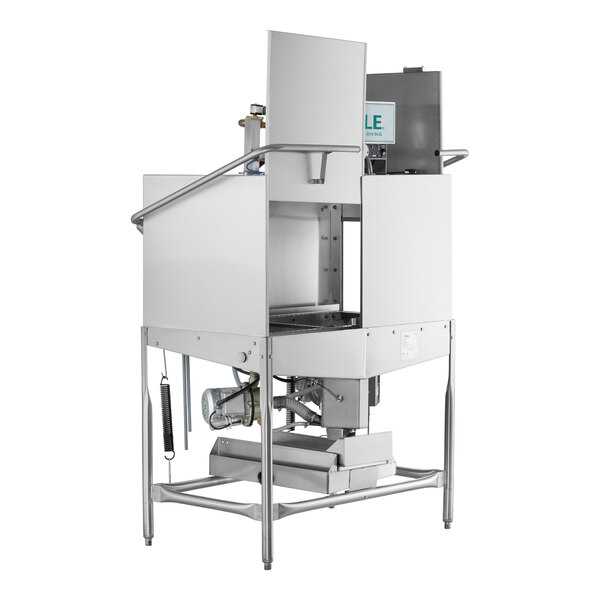 A commercial double rack low temperature corner dishwasher with a stainless steel frame and left side configuration.