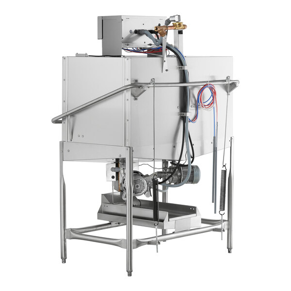 A commercial double rack low temperature corner dishwasher with exposed wiring and metal frame, designed for left side operation.