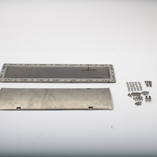 A Nieco lower burner kit metal plate with screws and bolts.