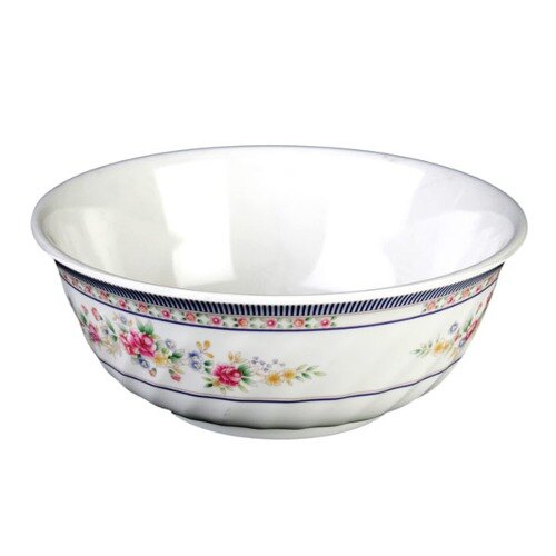 A white Thunder Group melamine bowl with a rose swirl design.